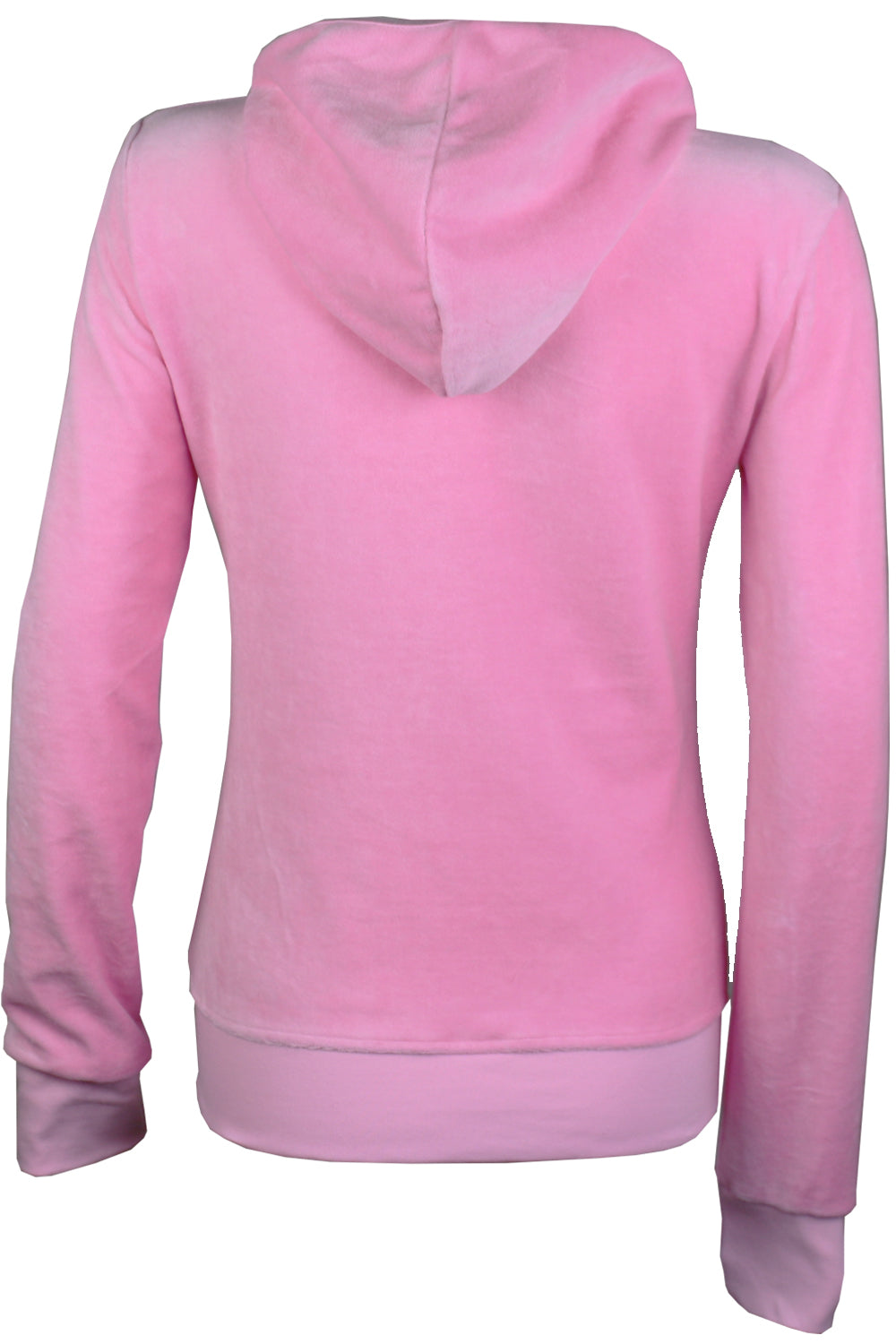 Back of aPink velour hoodie on a white background