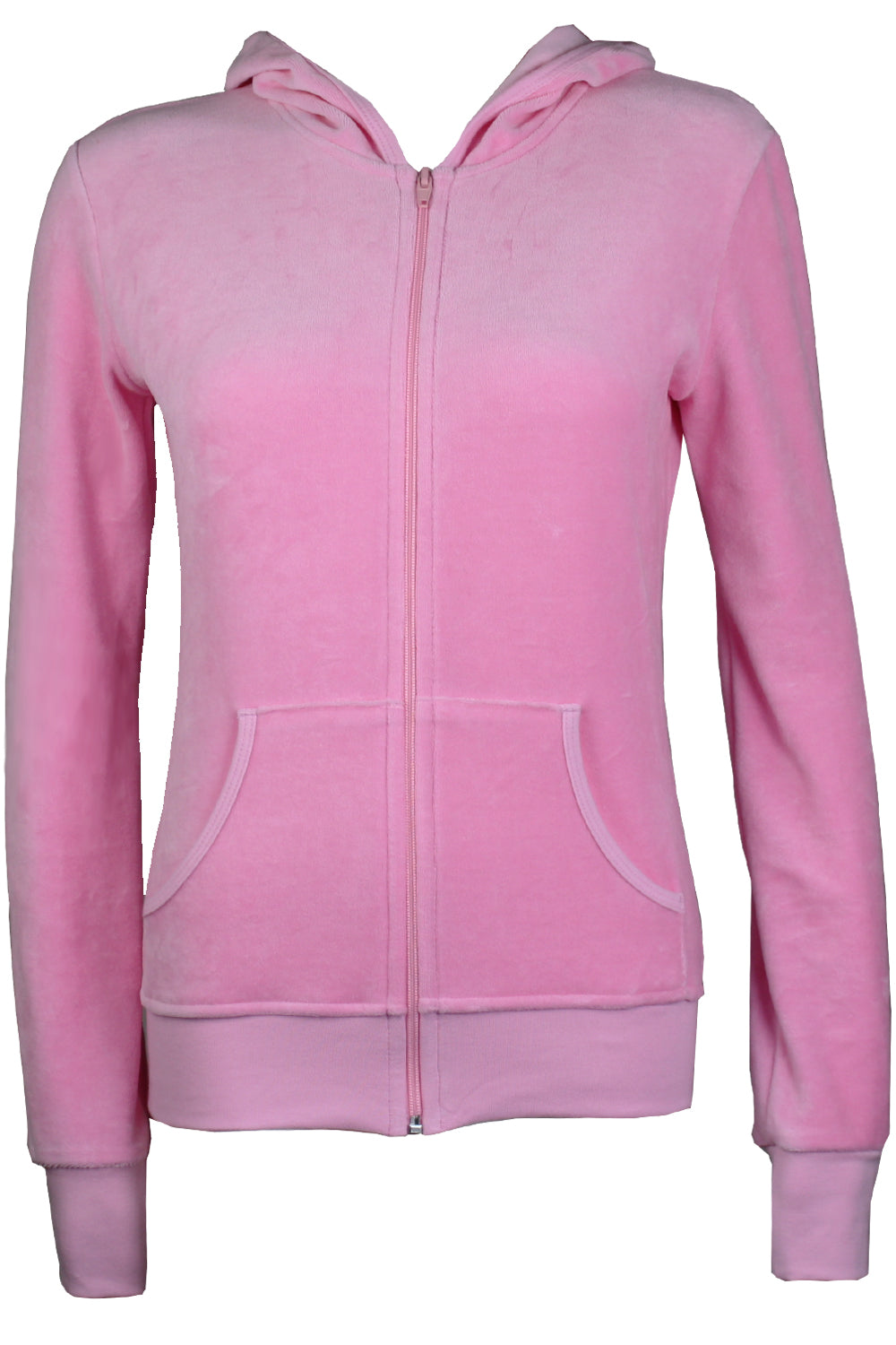 Pink velour hoodie with a zipper on a white background