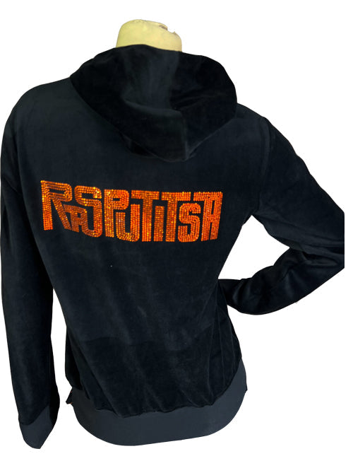 black velour hoodie and pants, rasputitsa, rhinestone, custom, sweatsuits, sweatsedo