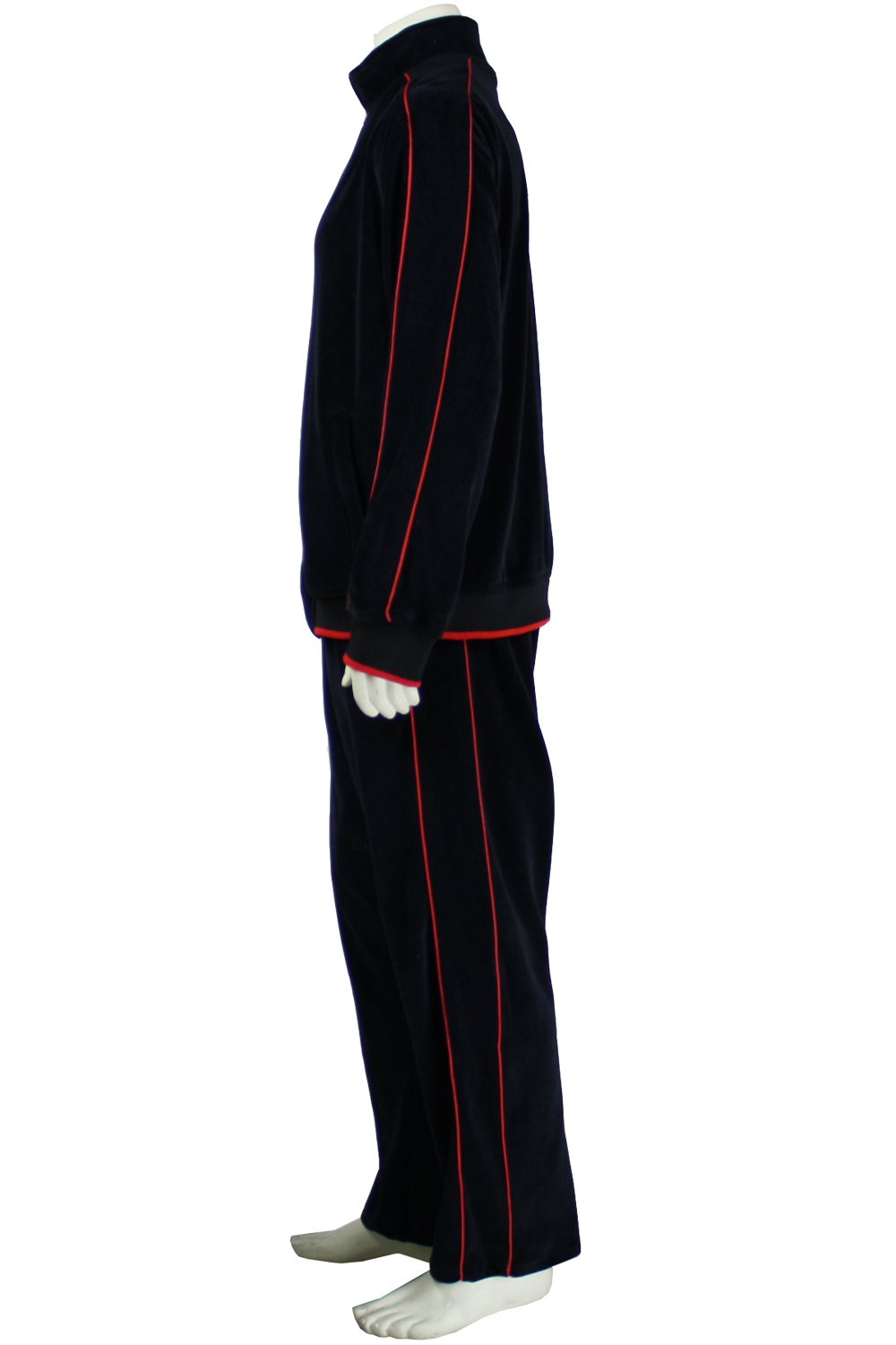 Black velour sweatsuit with red trim side view.  Wisconsin Executive MBA Program Sweatsedo.