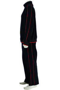 Black velour sweatsuit with red trim side view.  Wisconsin Executive MBA Program Sweatsedo.