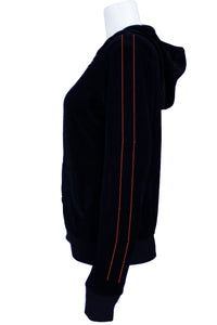 Black velour zip hoodie & lounge pants with custom embroidered name on the front chest and embroidered Wisconsin Executive MBA program logo on the back.  Red rhinestone piping down the arms and legs