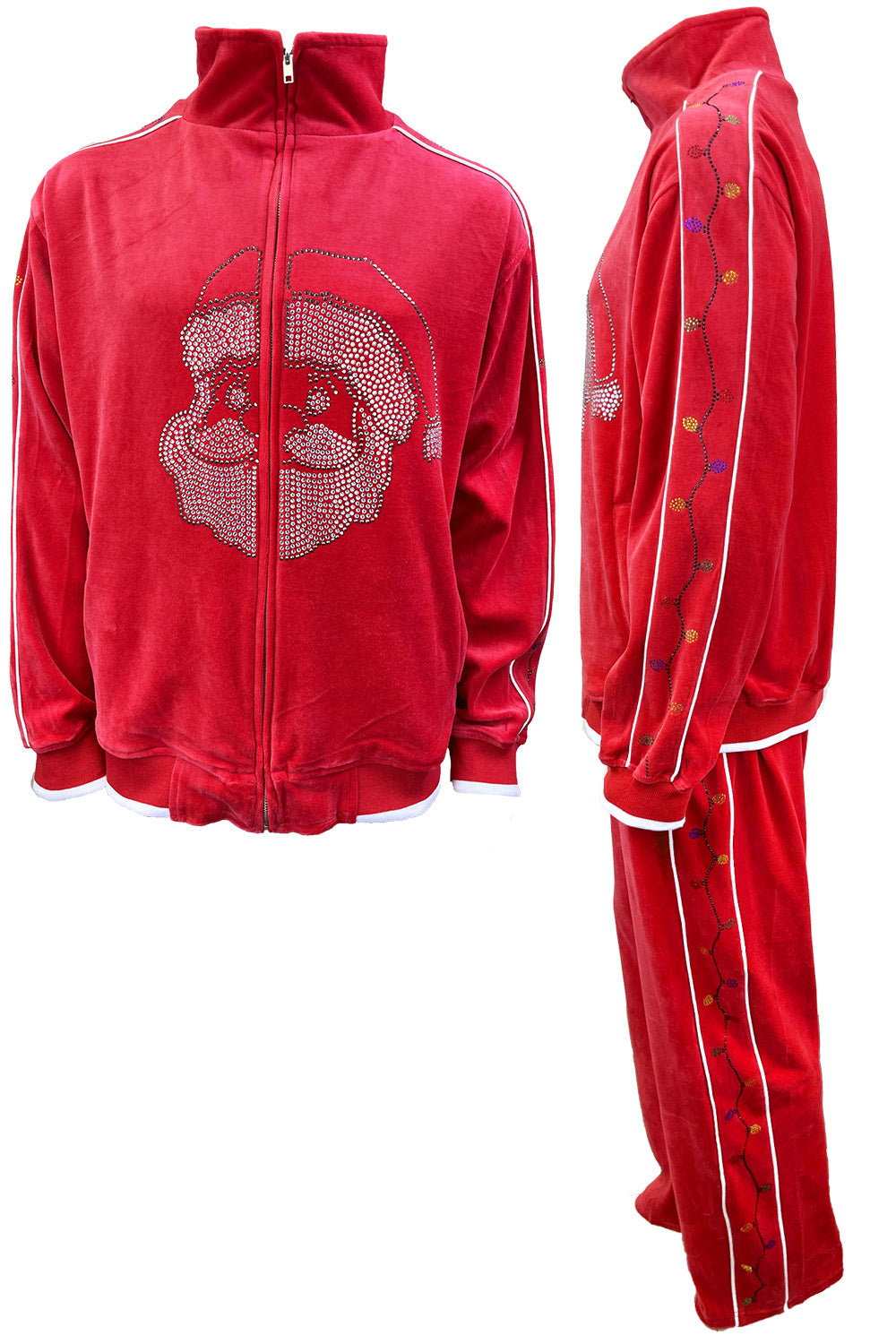 velour, tracksuit, rhinestone stocking, Christmas, party, fun, sweatsuit, holiday, festive, custom embroidery, custom rhinestones, ugly christmas sweater