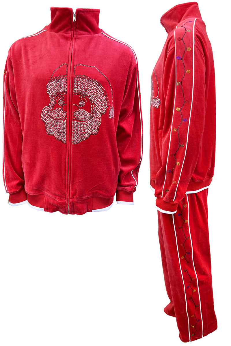 velour, tracksuit, rhinestone stocking, Christmas, party, fun, sweatsuit, holiday, festive, custom embroidery, custom rhinestones, ugly christmas sweater