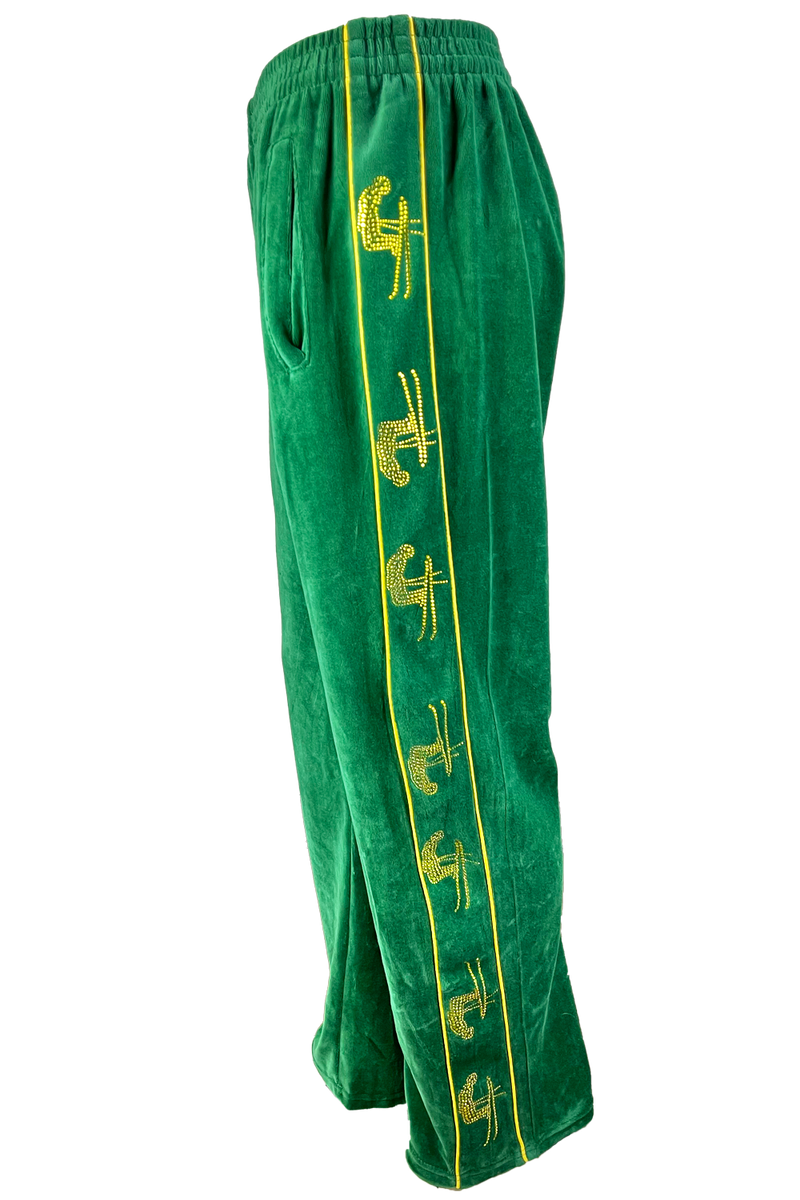 shane mcconkey, velour, trackpants, sweatsuit, apres ski, custom rhinestones, embroidery, pants
