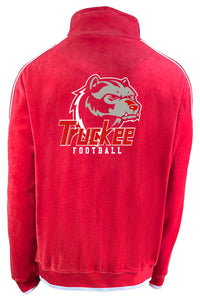 truckee football red velour track jacket.  custom embroidered truckee football logo with name and number on the front chest and rhinestones down the arms and legs