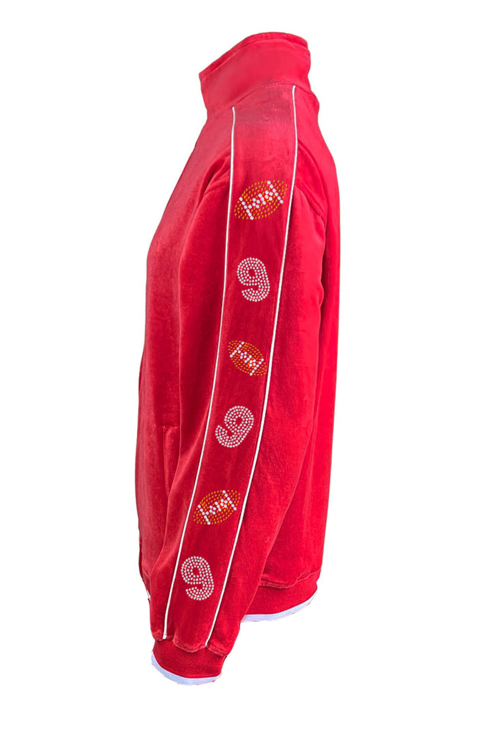 truckee football red velour track jacket.  custom embroidered truckee football logo with name and number on the front chest and rhinestones down the arms and legs