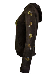 Womens hoodie, brown, velour, womens brown velour hoodie, thanksgiving, fun, track jacket, rhinestones, custom, embellish