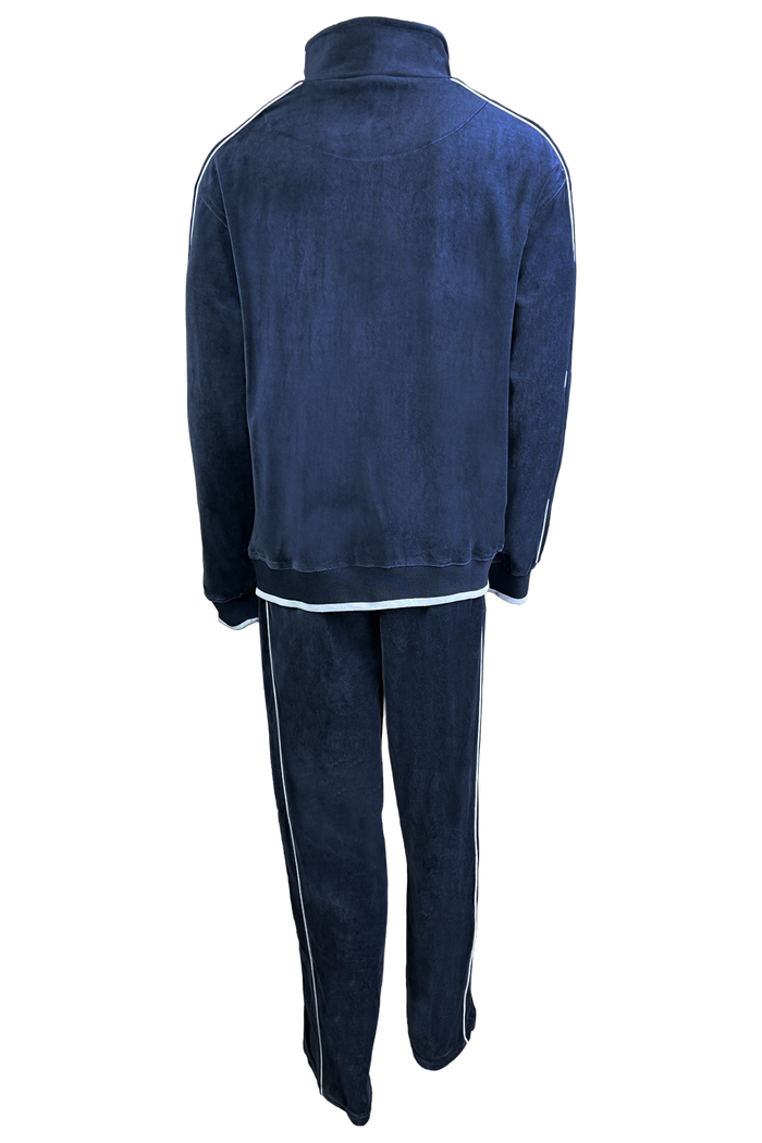 Back of Navy blue velour tracksuit with light grey trim, custom embroidery or rhinestones optional.  2 zippered pockets on the jacket and a zippered back pocket on the pants.  features 2 light grey stripes down the arms and legs