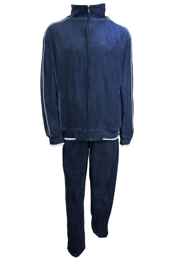 Navy blue velour tracksuit with light grey trim, custom embroidery or rhinestones optional.  2 zippered pockets on the jacket and a zippered back pocket on the pants.  features 2 light grey stripes down the arms and legs