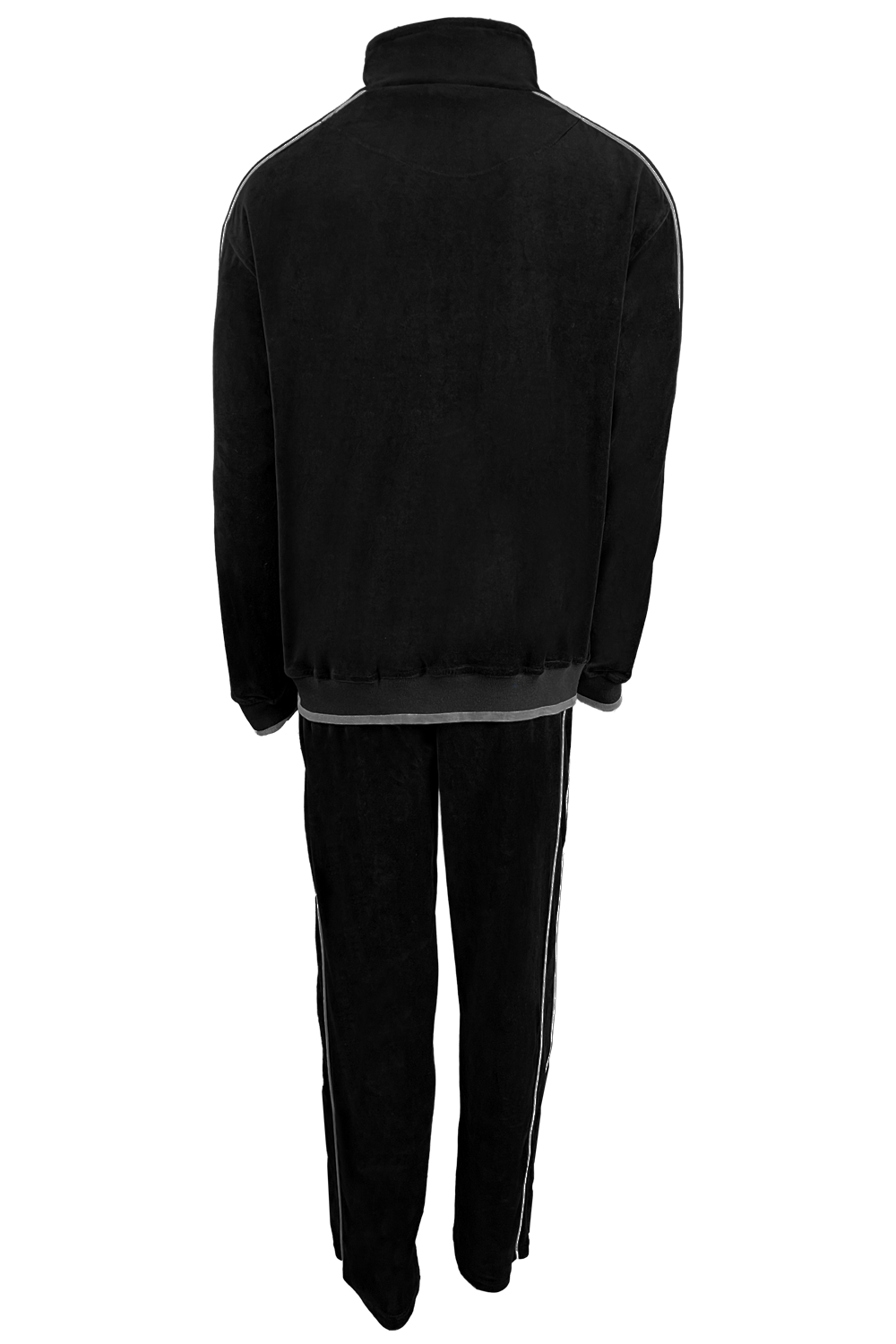 black velour tracksuit with light grey trim, custom embroidery, rhinestones, sweatsuit, jumpsuit, sweatshirt, sweat pants, track pants, track jacket, 