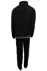 black velour tracksuit with light grey trim, custom embroidery, rhinestones, sweatsuit, jumpsuit, sweatshirt, sweat pants, track pants, track jacket, 