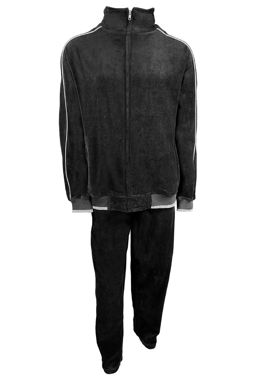 black velour tracksuit with light grey trim, custom embroidery, rhinestones, sweatsuit, jumpsuit, sweatshirt, sweat pants, track pants, track jacket, 