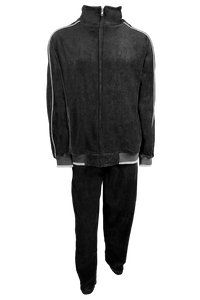 black velour tracksuit with light grey trim, custom embroidery, rhinestones, sweatsuit, jumpsuit, sweatshirt, sweat pants, track pants, track jacket, 