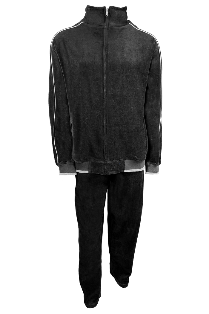black velour tracksuit with light grey trim, custom embroidery, rhinestones, sweatsuit, jumpsuit, sweatshirt, sweat pants, track pants, track jacket, 