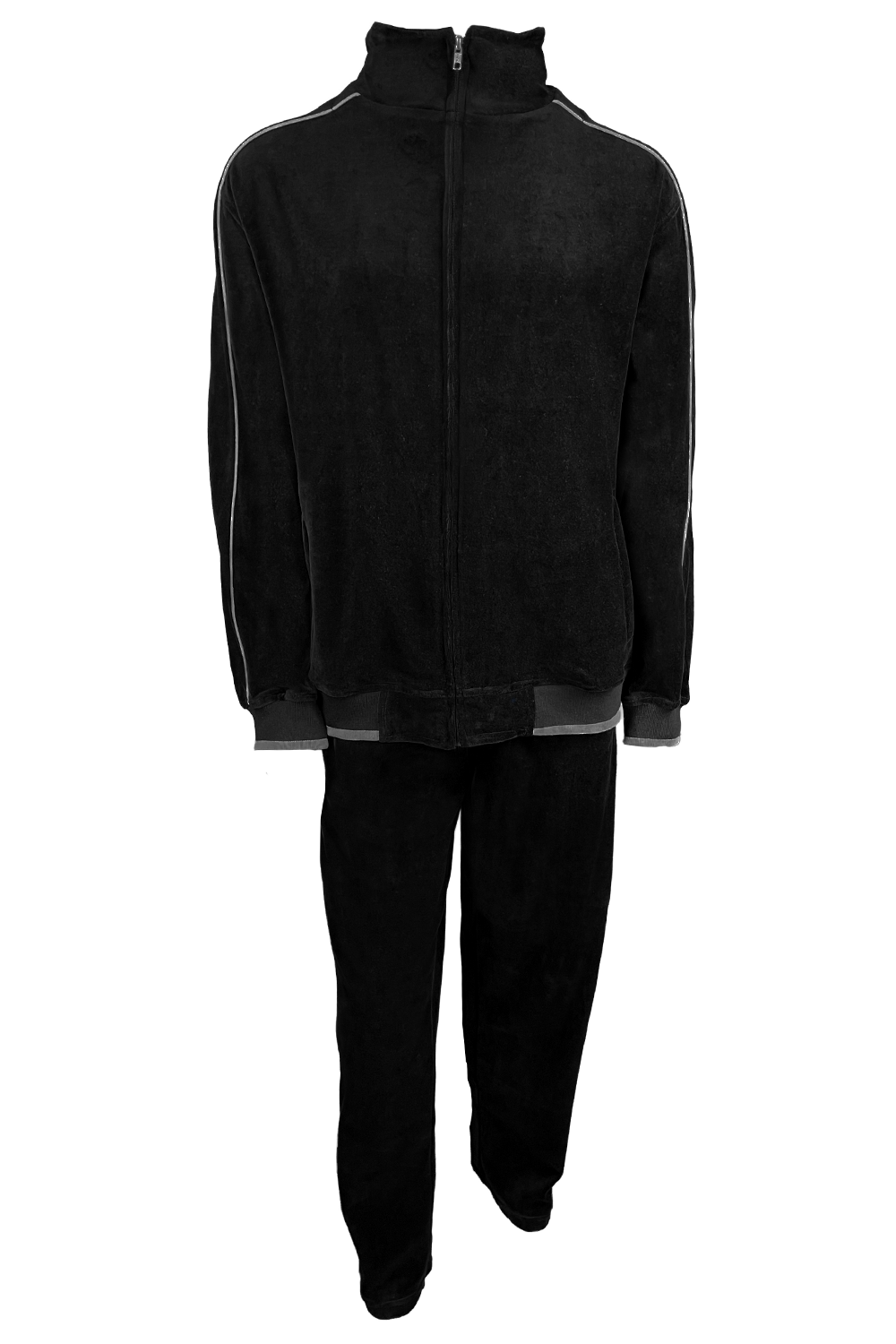 black velour tracksuit with light grey trim, custom embroidery, rhinestones, sweatsuit, jumpsuit, sweatshirt, sweat pants, track pants, track jacket, 