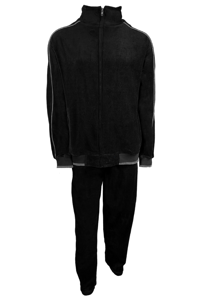 black velour tracksuit with light grey trim, custom embroidery, rhinestones, sweatsuit, jumpsuit, sweatshirt, sweat pants, track pants, track jacket, 