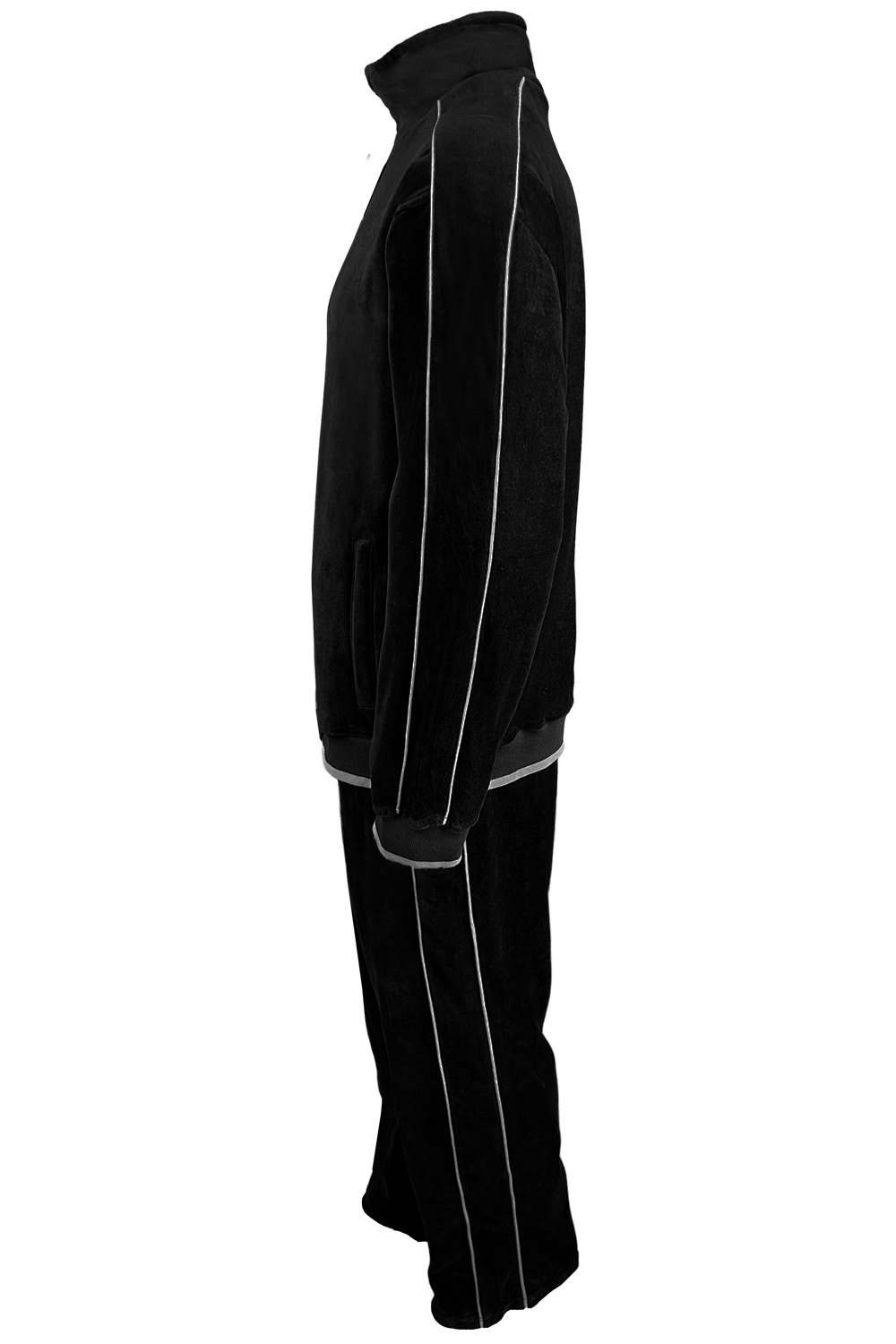 black velour tracksuit with light grey trim, custom embroidery, rhinestones, sweatsuit, jumpsuit, sweatshirt, sweat pants, track pants, track jacket, 