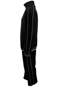 black velour tracksuit with light grey trim, custom embroidery, rhinestones, sweatsuit, jumpsuit, sweatshirt, sweat pants, track pants, track jacket, 