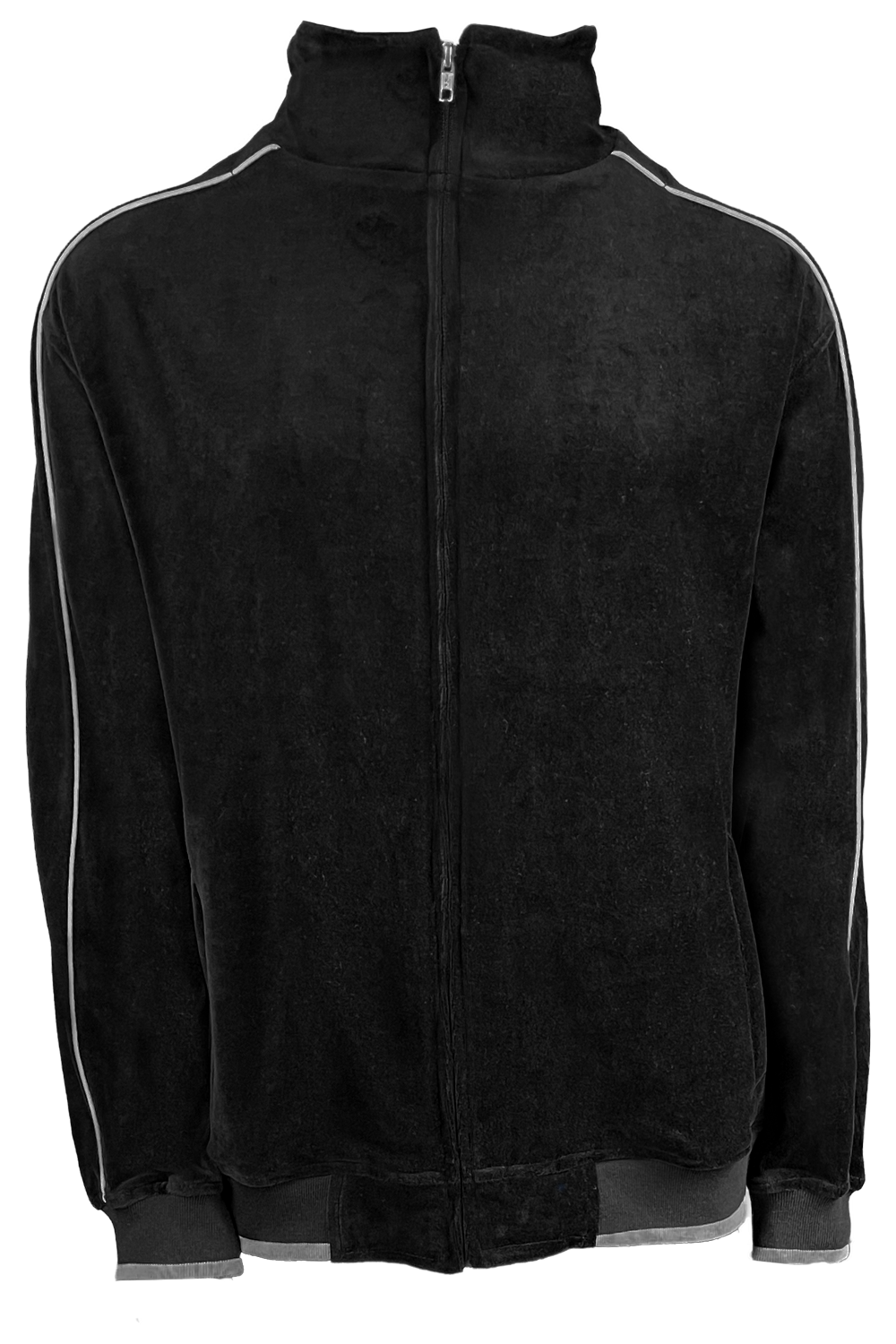 black velour track jacket with light grey trim, custom embroidery, rhinestones, sweatsuit, jumpsuit, sweatshirt, sweat pants, track pants, track jacket, 