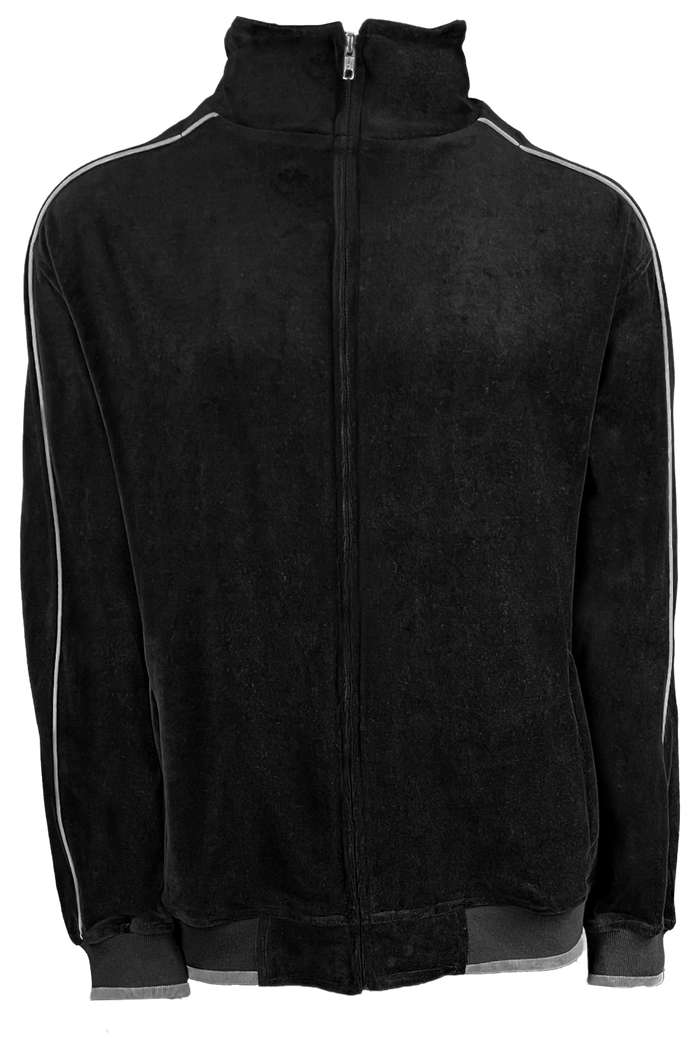 black velour track jacket with light grey trim, custom embroidery, rhinestones, sweatsuit, jumpsuit, sweatshirt, sweat pants, track pants, track jacket, 
