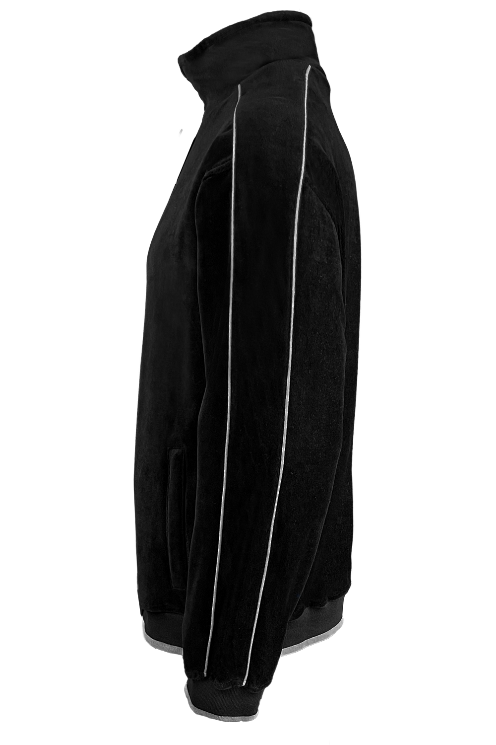 black velour track jacket, side view with light grey trim, custom embroidery, rhinestones, sweatsuit, jumpsuit, sweatshirt, sweat pants, track pants, track jacket, 