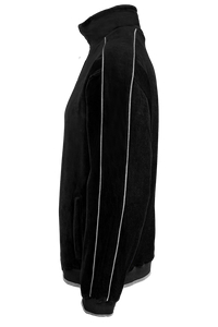 black velour track jacket, side view with light grey trim, custom embroidery, rhinestones, sweatsuit, jumpsuit, sweatshirt, sweat pants, track pants, track jacket, 