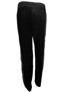 black velour track pants with light grey trim, custom embroidery, rhinestones, sweatsuit, jumpsuit, sweatshirt, sweat pants, track pants, track jacket, 