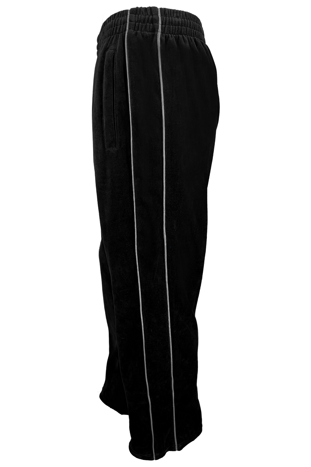 black velour track pants side view, with light grey trim, custom embroidery, rhinestones, sweatsuit, jumpsuit, sweatshirt, sweat pants, track pants, track jacket, 