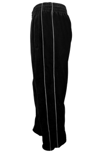 black velour track pants side view, with light grey trim, custom embroidery, rhinestones, sweatsuit, jumpsuit, sweatshirt, sweat pants, track pants, track jacket, 