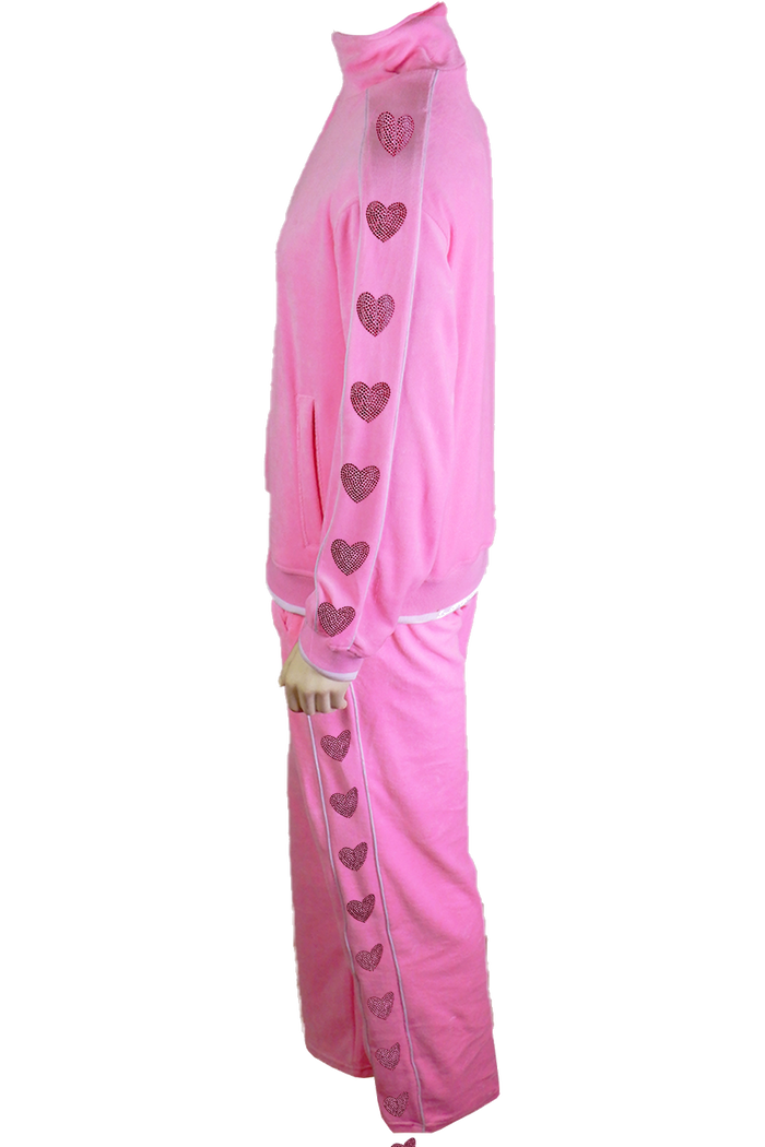 pink velour with red rhinestones tracksuit, full set jacket and pants