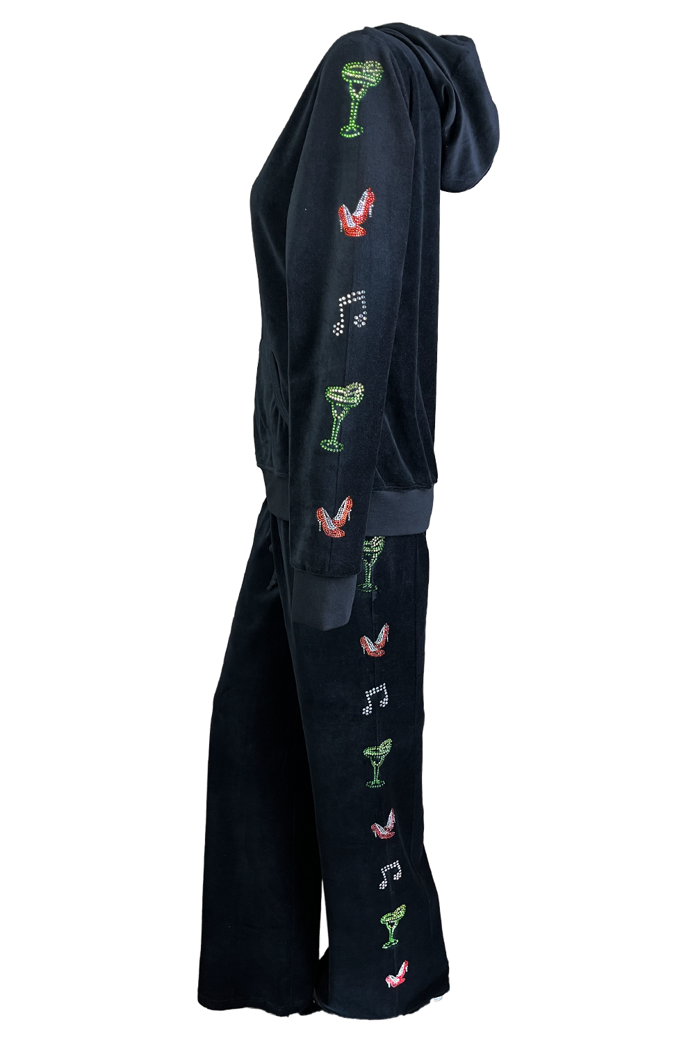 Black Velour zip hoodie & lounge pants with rhinestone art down the arms and legs.  A margarita glass, high heel shoes and music notes.  A fun black velour tracksuit.