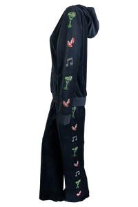 Black Velour zip hoodie & lounge pants with rhinestone art down the arms and legs.  A margarita glass, high heel shoes and music notes.  A fun black velour tracksuit.