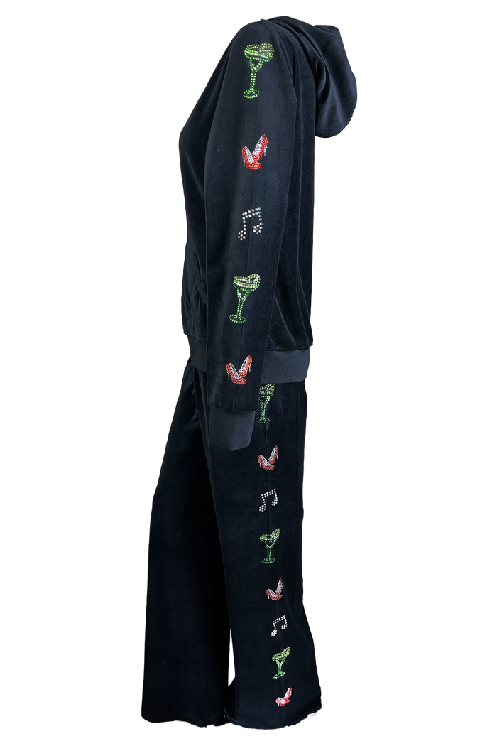 Black Velour zip hoodie & lounge pants with rhinestone art down the arms and legs.  A margarita glass, high heel shoes and music notes.  A fun black velour tracksuit.