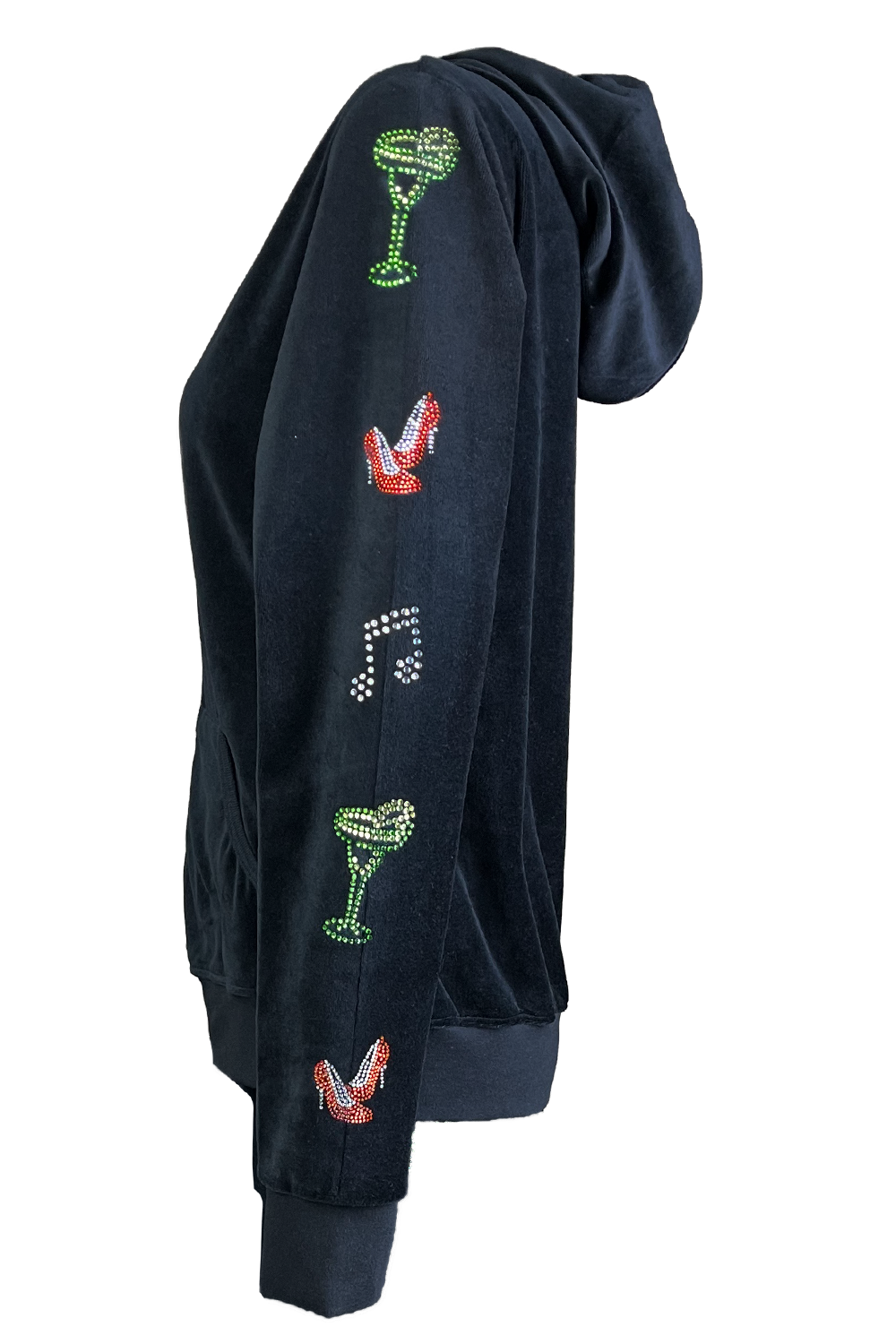Black Velour zip hoodie with rhinestone art down the arms and legs.  A margarita glass, high heel shoes and music notes.  A fun black velour tracksuit.