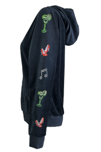 Black Velour zip hoodie with rhinestone art down the arms and legs.  A margarita glass, high heel shoes and music notes.  A fun black velour tracksuit.