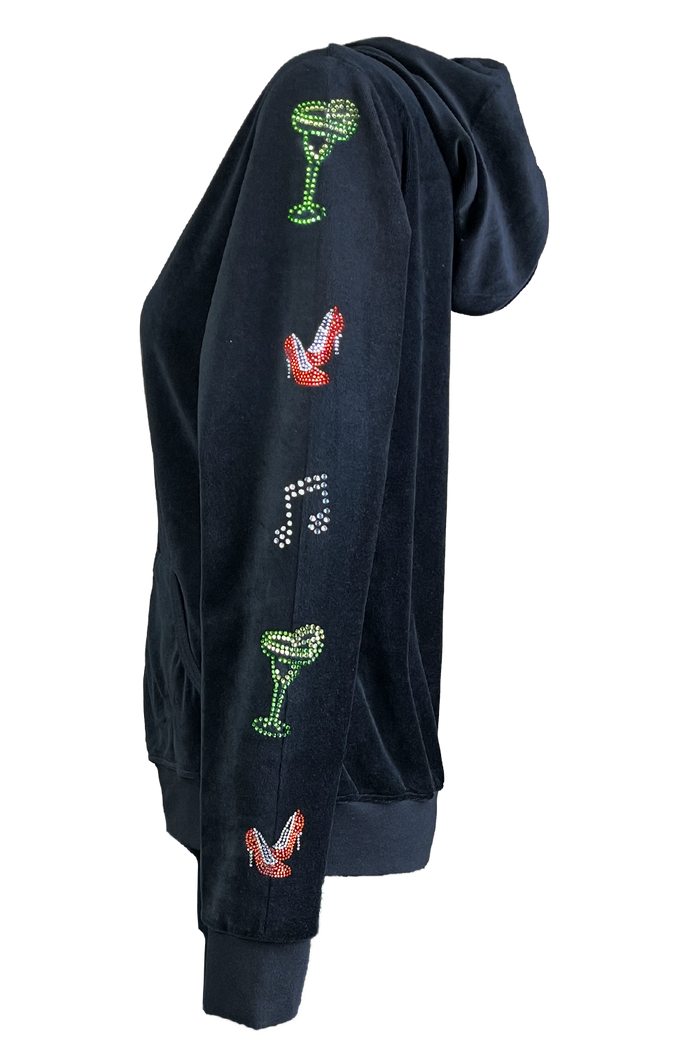 Black Velour zip hoodie with rhinestone art down the arms and legs.  A margarita glass, high heel shoes and music notes.  A fun black velour tracksuit.