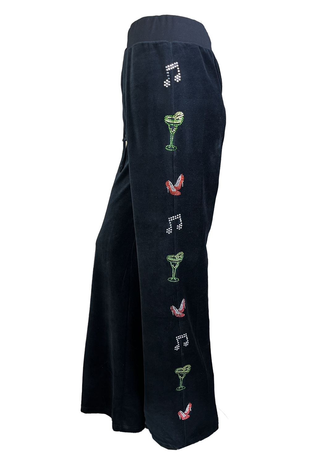 Black Velour lounge pants with rhinestone art down the arms and legs.  A margarita glass, high heel shoes and music notes.  A fun black velour tracksuit.