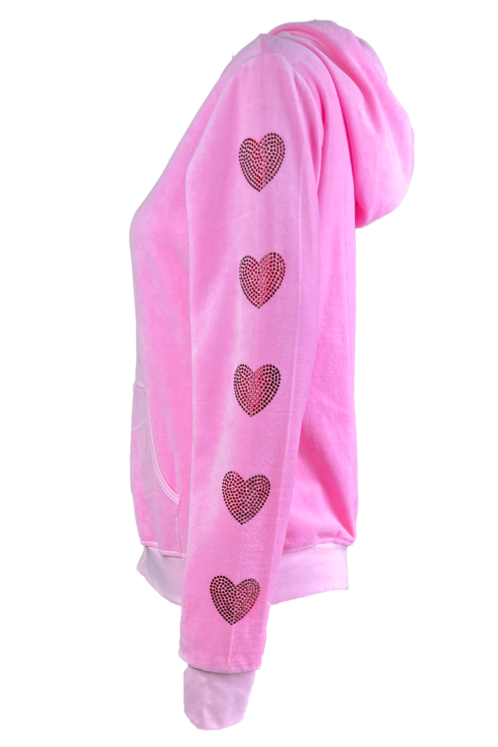 pink velour track jacket with red rhinestone hearts down the arms and legs.   Velour sweatshirt with custom rhinestones.