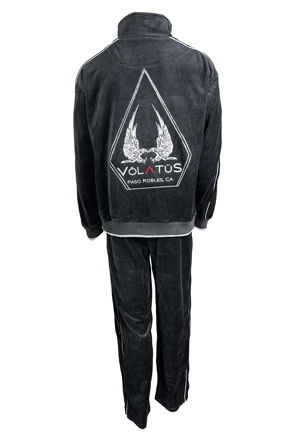 Black velour tracksuit with Volatus Winery logo embroidered on the back with custom rhinestone "coffin".  Optional embroidered callsign on the front left chest.