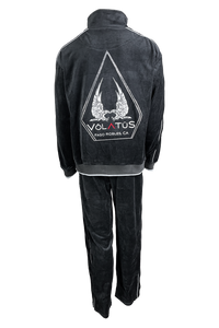 Black velour tracksuit with Volatus Winery logo embroidered on the back with custom rhinestone "coffin".  Optional embroidered callsign on the front left chest.