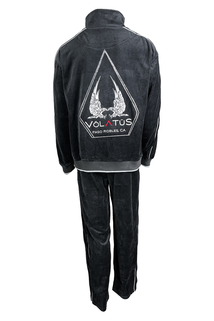 Black velour tracksuit with Volatus Winery logo embroidered on the back with custom rhinestone "coffin".  Optional embroidered callsign on the front left chest.