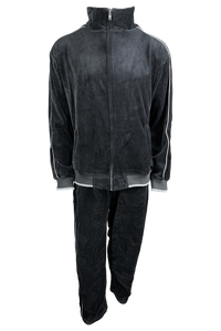 Black velour tracksuit with Volatus Winery logo embroidered on the back with custom rhinestone "coffin".  Optional embroidered callsign on the front left chest.