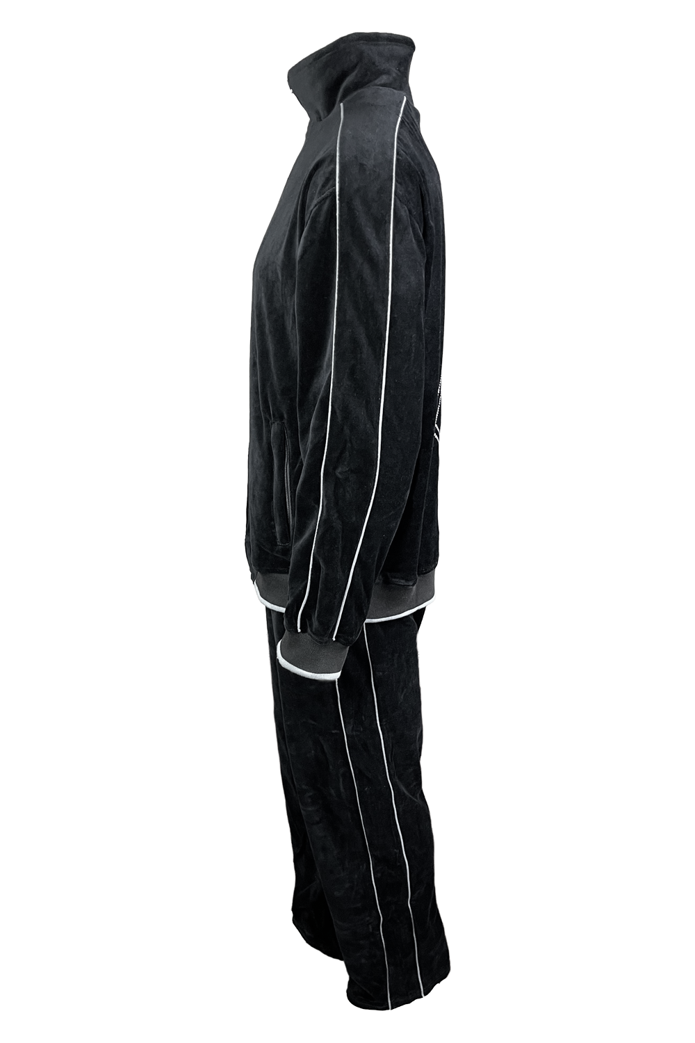 Black velour tracksuit with Volatus Winery logo embroidered on the back with custom rhinestone "coffin".  Optional embroidered callsign on the front left chest.