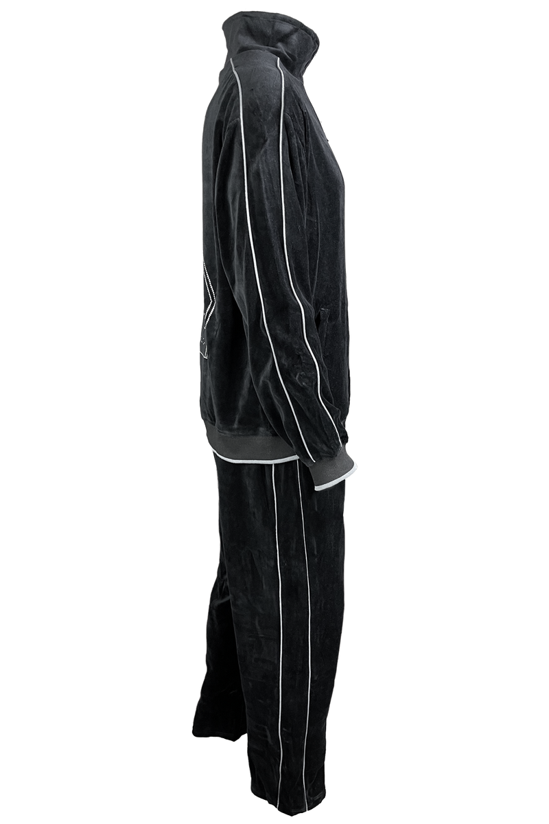 Black velour tracksuit with Volatus Winery logo embroidered on the back with custom rhinestone "coffin".  Optional embroidered callsign on the front left chest.