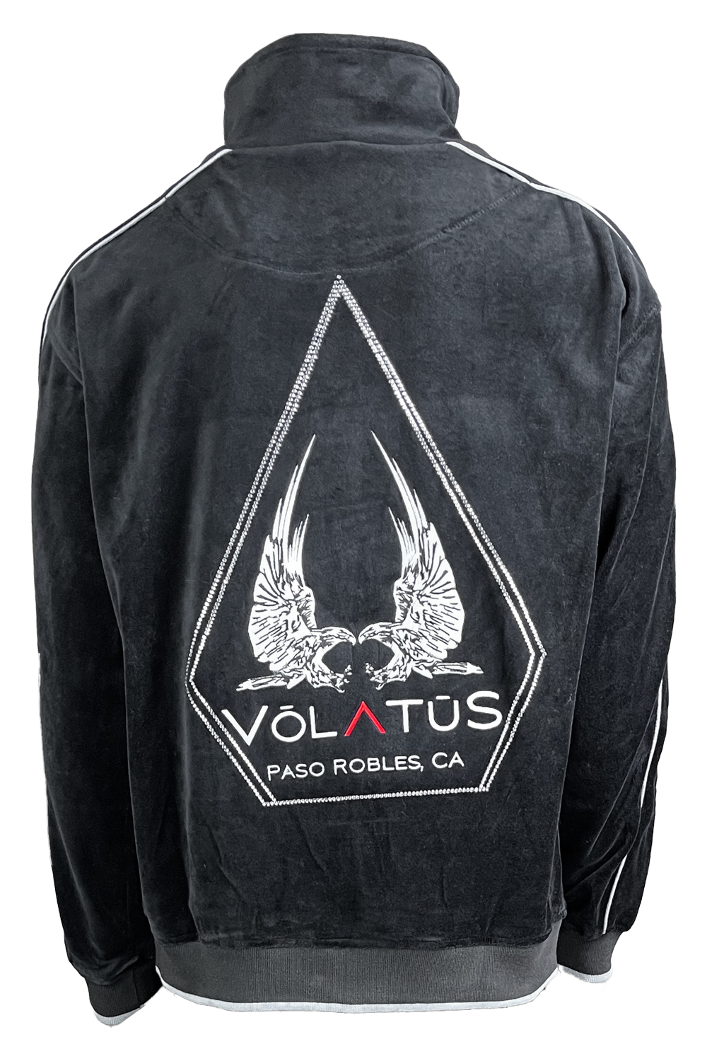 Black velour track jacket with Volatus Winery logo embroidered on the back with custom rhinestone "coffin".  Optional embroidered callsign on the front left chest.