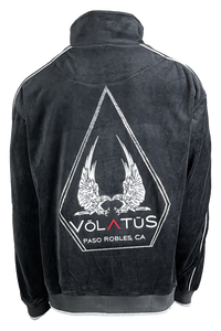 Black velour track jacket with Volatus Winery logo embroidered on the back with custom rhinestone "coffin".  Optional embroidered callsign on the front left chest.