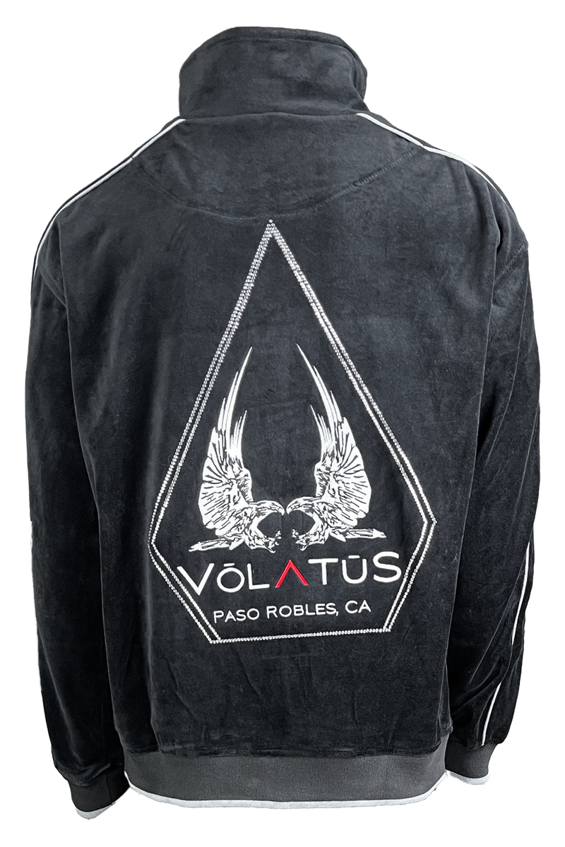 Black velour track jacket with Volatus Winery logo embroidered on the back with custom rhinestone "coffin".  Optional embroidered callsign on the front left chest.