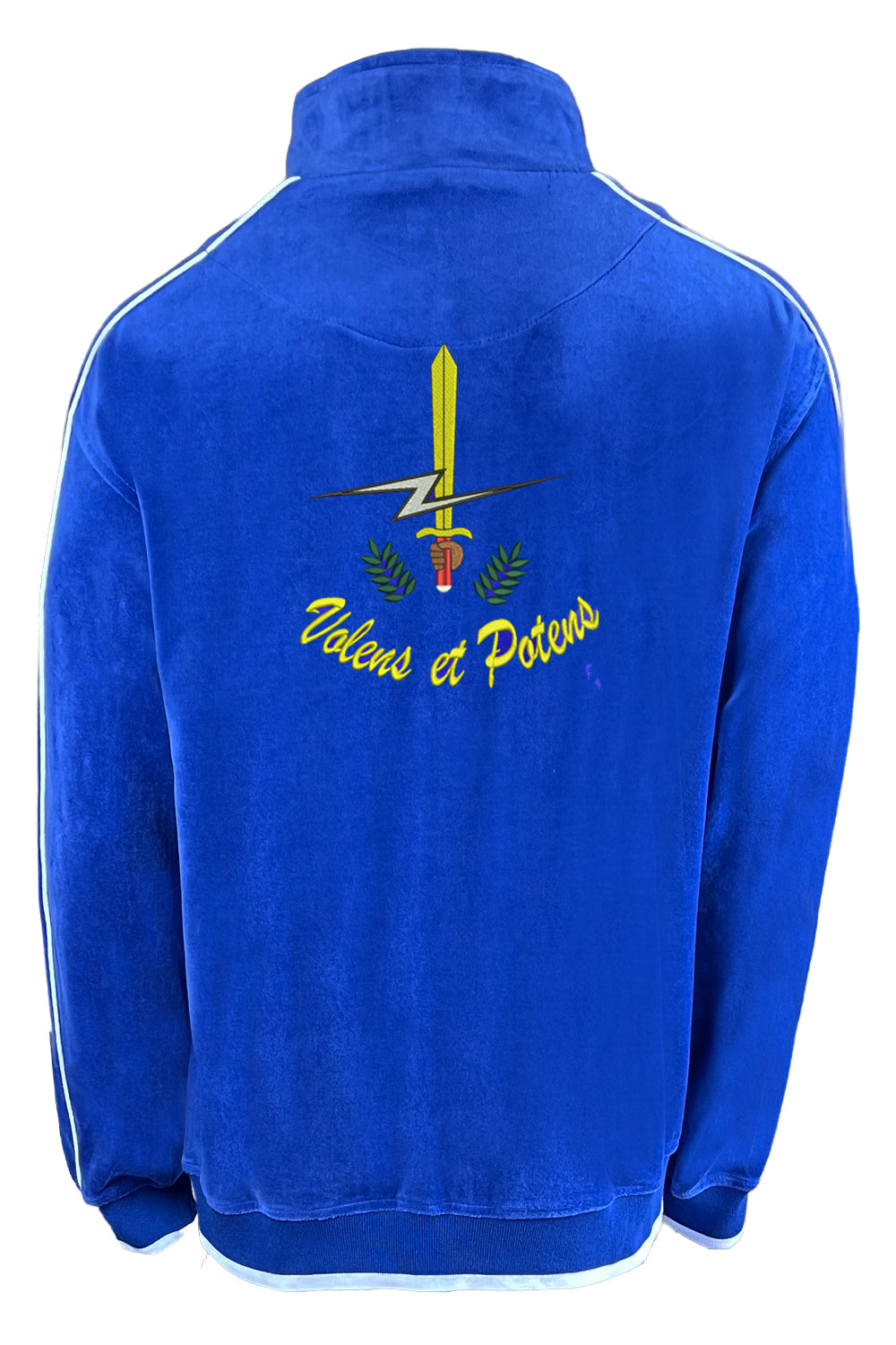 Royal Blue velour track pants with white trim, custom embroidered c-17 and name on the front chest, Volens et Potens logo embroidered on the back and swords embroidered down the side of the arms and legs.