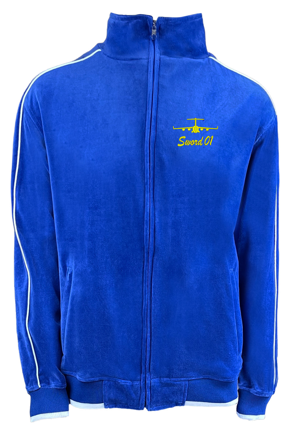 Royal Blue velour track jacket with white trim, custom embroidered c-17 and name on the front chest, Volens et Potens logo embroidered on the back and swords embroidered down the side of the arms and legs.